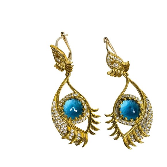 Turkish Handmade 925 Sterling Hamsa Blue CZ Stone Women's Earrings Ring Set New - Picture 3 of 6